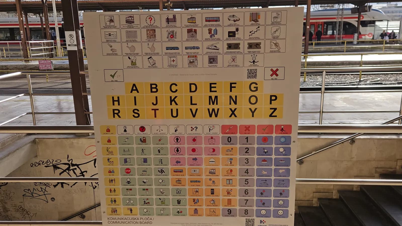 Tablero de comunicación con pictogramas, abecedario y números instalado en el andén de una estación de tren