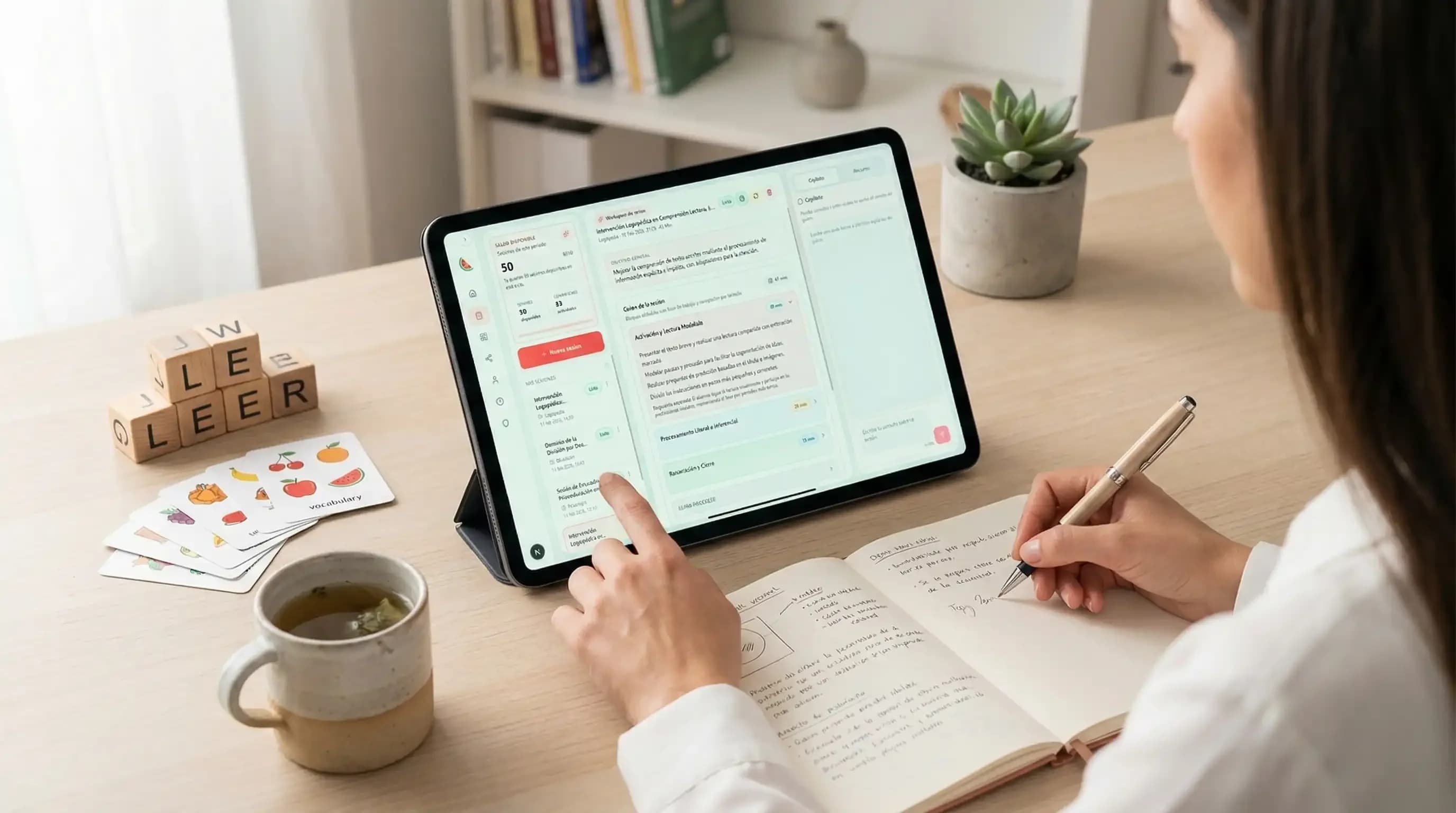 Terapeuta profesional utilizando tecnología de inteligencia artificial como apoyo en su consulta clínica