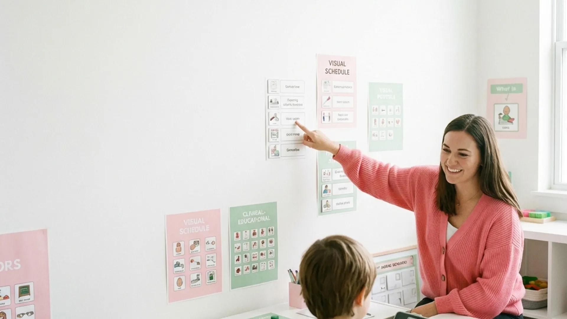 Docente de educación especial con recursos visuales.