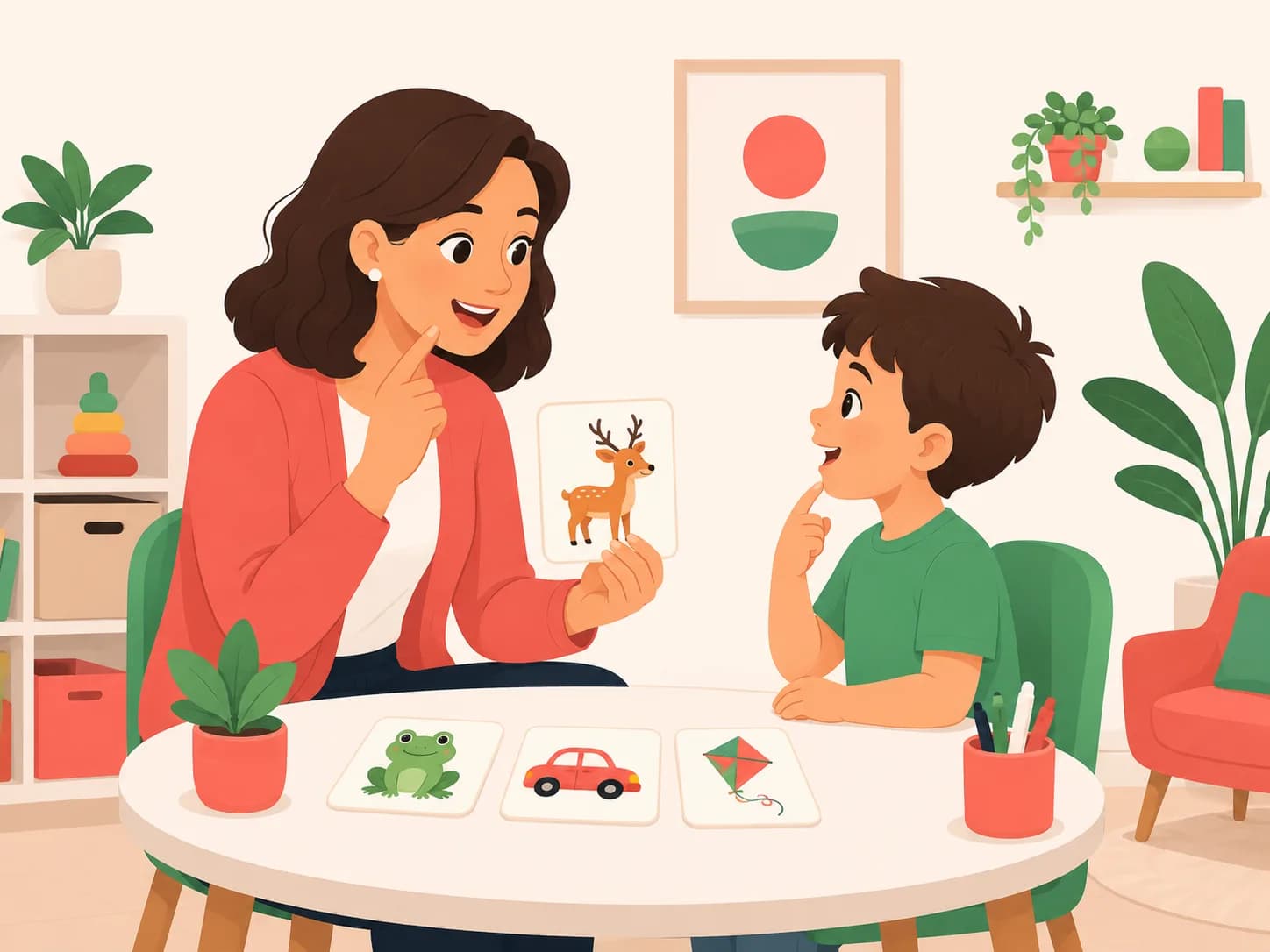 Logopeda trabajando praxias linguales con un niño frente al espejo para la articulación del fonema vibrante.